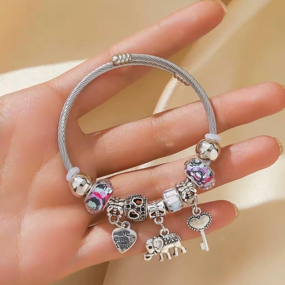 Silver Charm Bracelet with Pink Accents